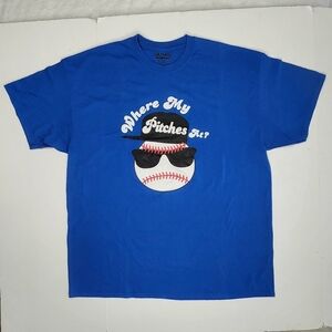 Baseball Graphic Funny T-Shirt Mens XL Tee "Where's My Pitches At?" Blue Sporty